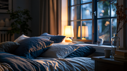 Chambre à coucher paisible la nuit, lumière dorée tamisée